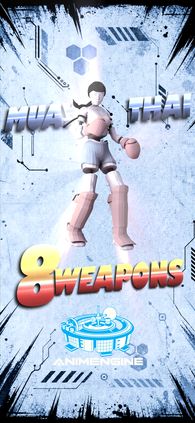 8 Weapons splash artwork featuring the game title and Muay Thai fighter.
